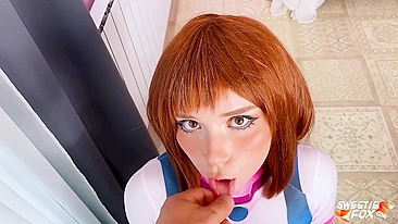 Brother fucks slut sister in cosplay costume Ochako Uraraka and cums in her mouth