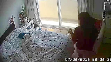 Mom caught on spy cam while masturbating on his son bed with a finger!