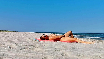 Strangers walk by while exhibitionist wife masturbate on public beach as whore