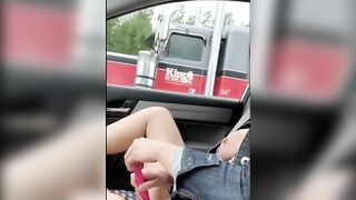 Orgasm on highway when the trucker watch me masturbate,  while my husband is driving