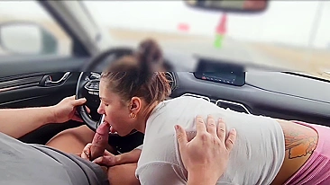 While driving highway my wife gets me blowjob she deserves messy cum in her mouth