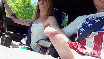 Horny wife gets me amazing handjob while driving on the highway!