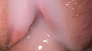 Beautiful pussy dripping with lube and cum, close-up fucking and cum shot.