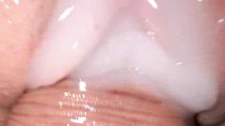 Beautiful pussy dripping with lube and cum, close-up fucking and cum shot.