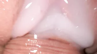 Beautiful pussy dripping with lube and cum, close-up fucking and cum shot.