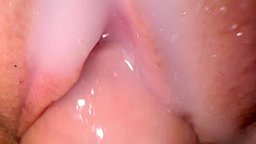 Beautiful pussy dripping with lube and cum, close-up fucking and cum shot.