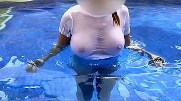 Exhibitionist Wife in Wet T-shirt Show Tits in the Hotel Pool!