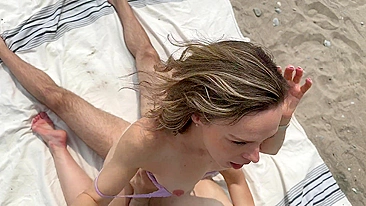 Wife enjoys unprotected double creampie with hubby and pal at public beach.