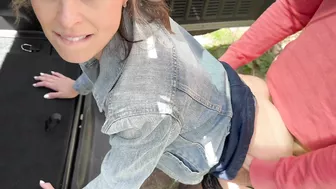 Husband drives as wife is creampied by friend in back seat.