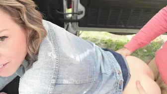 Husband drives as wife is creampied by friend in back seat.