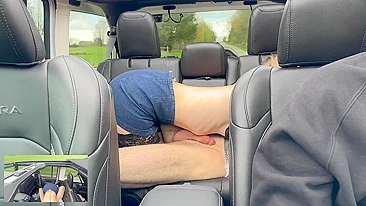 Husband drives as wife is creampied by friend in back seat.