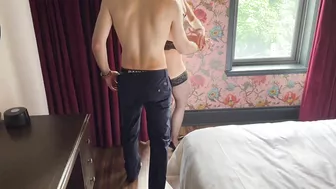 Wife and hubby enjoy double blowjob from stranger at hotel window.
