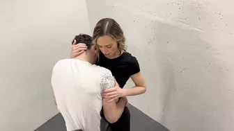 Public stairwell sex with two men ends in a double blowjob and cumshot.