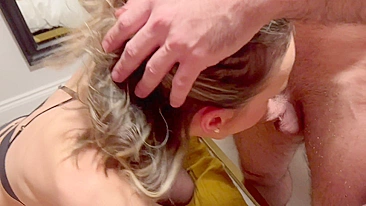 Husband and buddy share sloppy seconds with filled-up wife in a hot threesome.