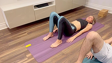 Wife has creampie in yoga pants during hot wife session filmed by husband.
