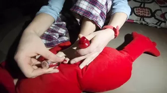 Red toenail painting by ginger teen in foot fetish video for real lovers.