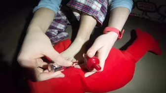 Red toenail painting by ginger teen in foot fetish video for real lovers.