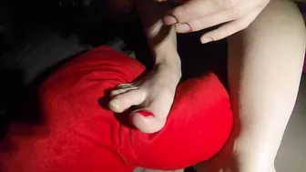 Red toenail painting by ginger teen in foot fetish video for real lovers.