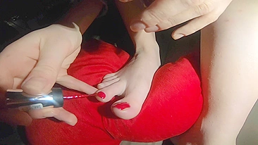 Red toenail painting by ginger teen in foot fetish video for real lovers.