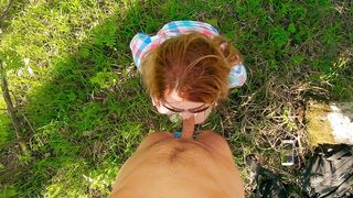 Redhead girl blows glasses off during outdoor sex with ginger guy.