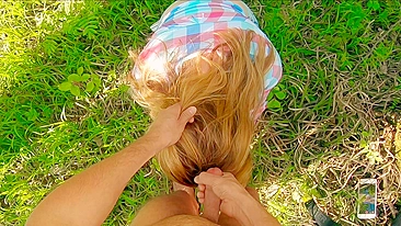 Redhead girl blows glasses off during outdoor sex with ginger guy.