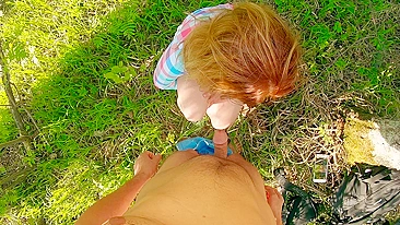 Redhead girl blows glasses off during outdoor sex with ginger guy.