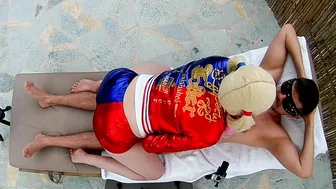 Redheaded Ginger cosplays as Harley Quinn and gets creamed in a hot pussy doll fuck.