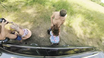 Two sexy hitchhikers have fun in a car ride with a foursome orgy and gorgeous views.