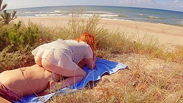 Sex on public beach interrupted by hairy ginger pussy creampie.