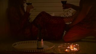 Romantic candle date with curvy redhead milf leads to mutual handjob and double orgasm.