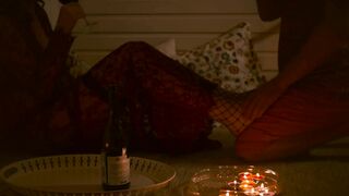 Romantic candle date with curvy redhead milf leads to mutual handjob and double orgasm.