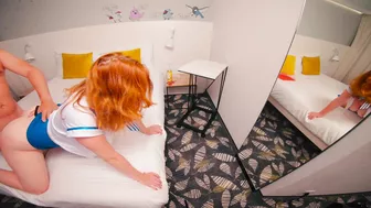 Redhead stewardess has hairy pussy doggy style creampie during layover at hotel.