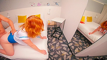 Redhead stewardess has hairy pussy doggy style creampie during layover at hotel.