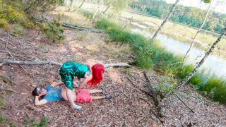 Poison Ivy kisses Batman while riding him in a forest lake until he creams her pussy.