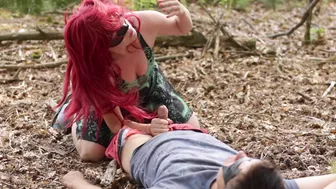 Poison Ivy kisses Batman while riding him in a forest lake until he creams her pussy.