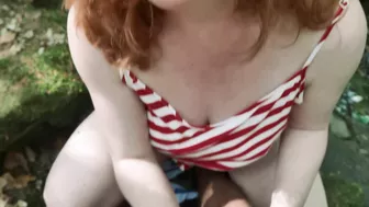 Interrupted blowjob in forest caught by strangers.