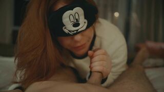 Mickey Mouse cosplayer gives sensual blowjob and massive cumshot in redhead POV.