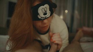 Mickey Mouse cosplayer gives sensual blowjob and massive cumshot in redhead POV.