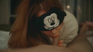 Mickey Mouse cosplayer gives sensual blowjob and massive cumshot in redhead POV.