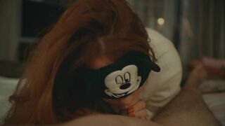 Mickey Mouse cosplayer gives sensual blowjob and massive cumshot in redhead POV.