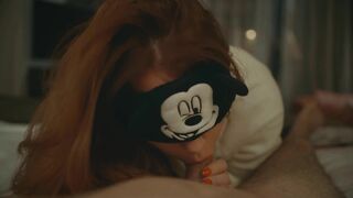 Mickey Mouse cosplayer gives sensual blowjob and massive cumshot in redhead POV.