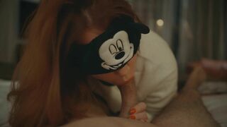 Mickey Mouse cosplayer gives sensual blowjob and massive cumshot in redhead POV.