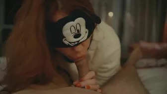 Mickey Mouse cosplayer gives sensual blowjob and massive cumshot in redhead POV.