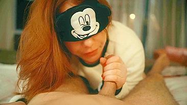 Mickey Mouse cosplayer gives sensual blowjob and massive cumshot in redhead POV.