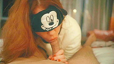 Mickey Mouse cosplayer gives sensual blowjob and massive cumshot in redhead POV.
