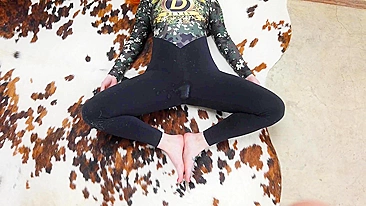 Red-haired teen doing yoga in sports bodysuit gets covered in cum.