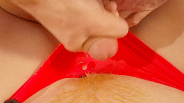 Rub your ginger pubes while masturbating in red panties then pull them up.