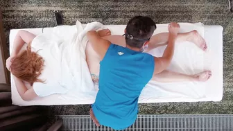 Redhead milf with big boobs gets an oil massage that ends in a creamy pussy licking and hairy pussy cumshot.