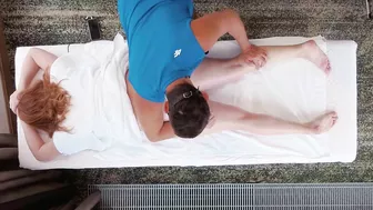 Redhead milf with big boobs gets an oil massage that ends in a creamy pussy licking and hairy pussy cumshot.