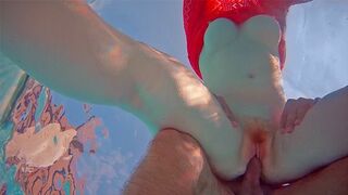 Girl in red dress with hairy pussy gets creampied in pool.